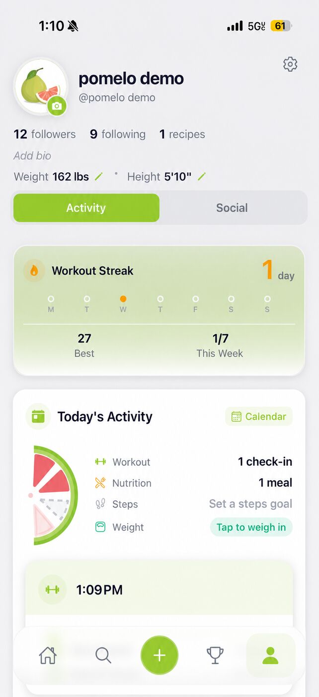 The Pomelo app profile screen showing a workout streak and today’s activity